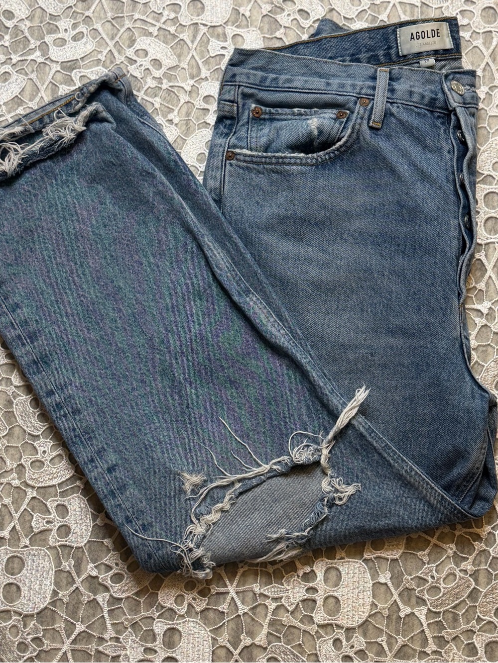 AGOLDE Women's Blue Distressed Straight-Leg Jeans Size 29